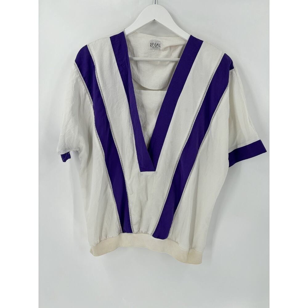 Regal Vintage Blouse Womens 1X White Purple Sheer V Neck Striped Lightweight